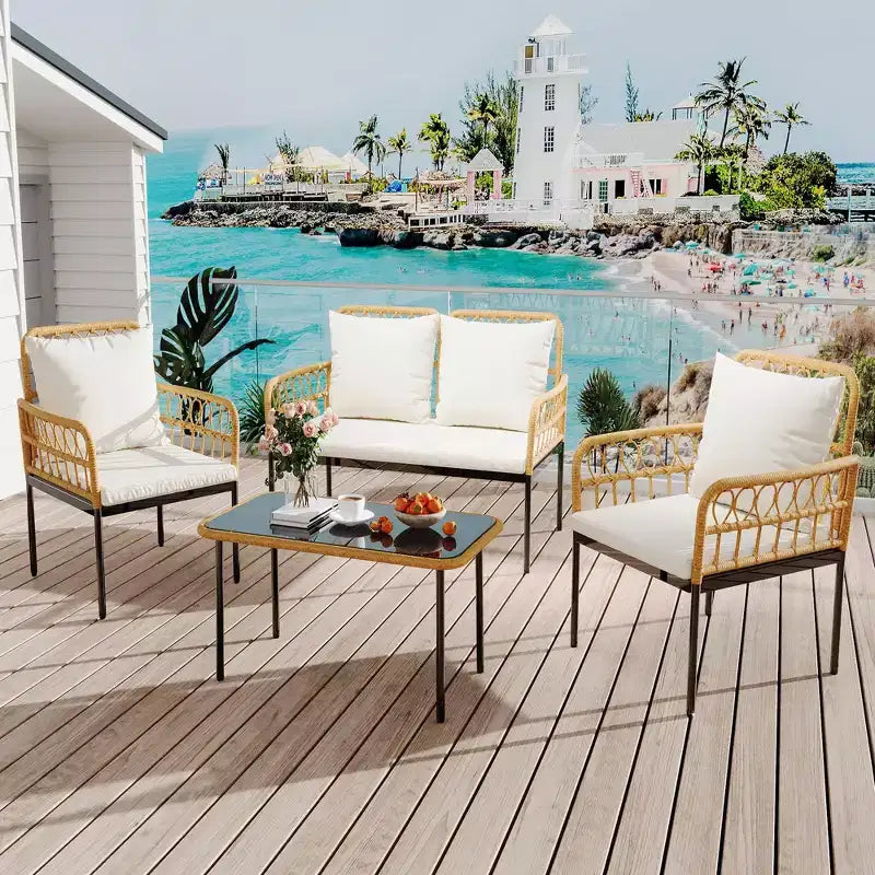 4-Piece Outdoor Patio Furniture Set with Table, Chaise Lounge & 2 Cushioned Armchairs, Rattan Balcony Set for Porch, Lawn, Poolside & Deck