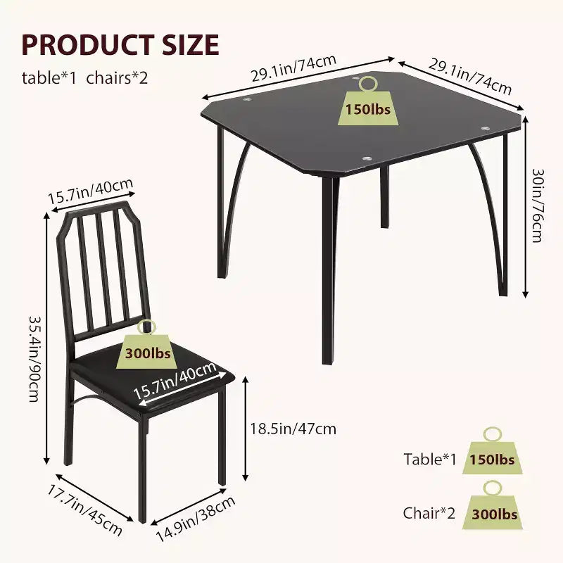 3-Piece Glass Dining Set for 2  Space-Saving Kitchen Table with Chamfered Edges & Upholstered Chairs, Apartment-Sized Table Set