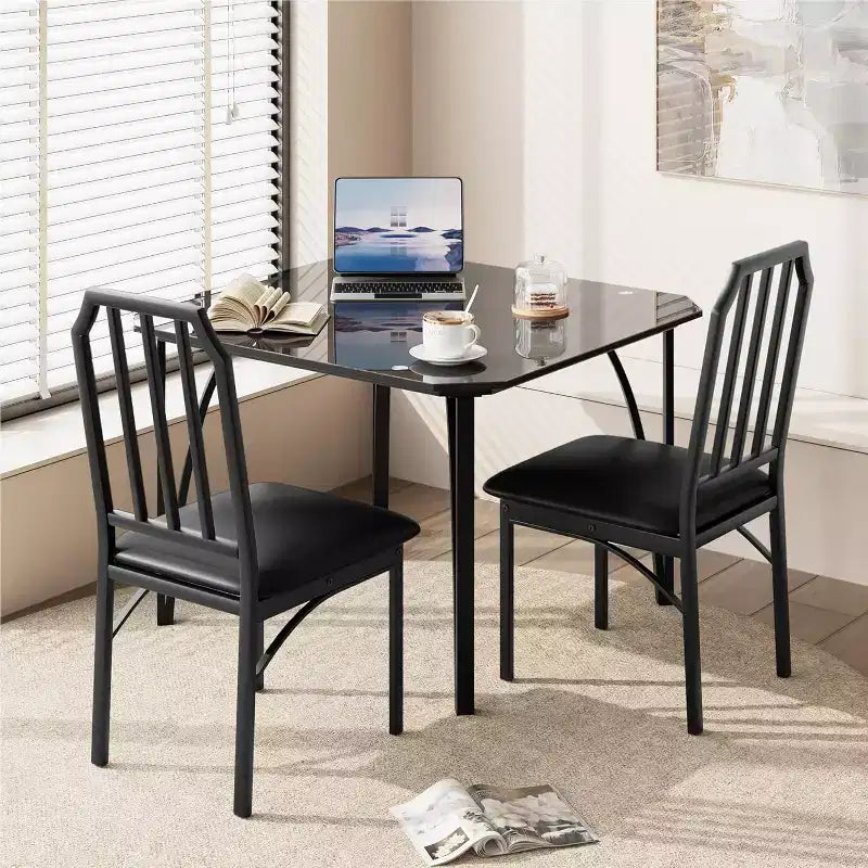 3-Piece Glass Dining Set for 2  Space-Saving Kitchen Table with Chamfered Edges & Upholstered Chairs, Apartment-Sized Table Set