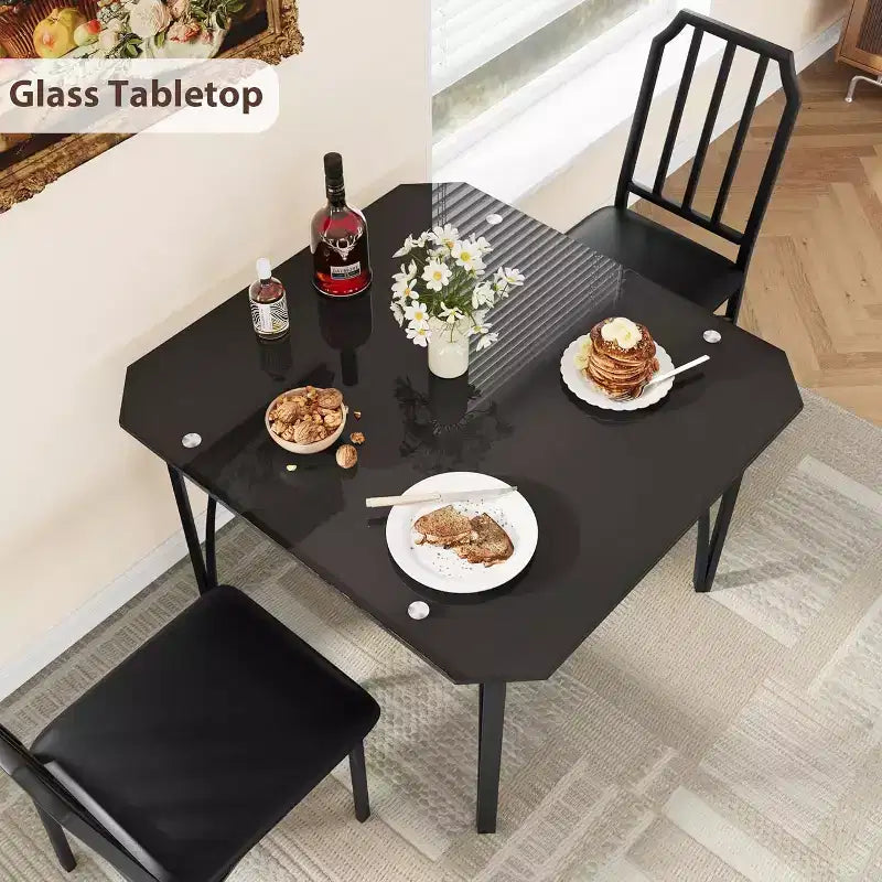 3-Piece Glass Dining Set for 2  Space-Saving Kitchen Table with Chamfered Edges & Upholstered Chairs, Apartment-Sized Table Set