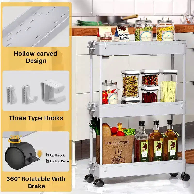 Carrello Portaoggetti Stretto a 3 Ripiani - Organizer Mobile Multi-Funzionale per Bagno, Cucina