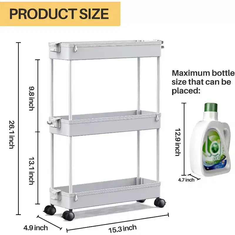 Carrello Portaoggetti Stretto a 3 Ripiani - Organizer Mobile Multi-Funzionale per Bagno, Cucina