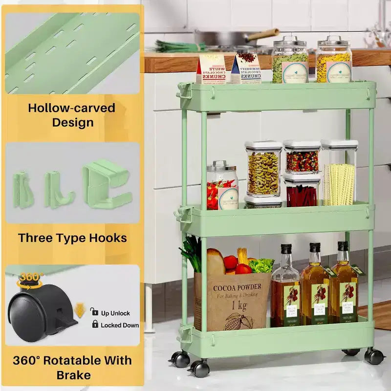 Carrello Portaoggetti Stretto a 3 Ripiani - Organizer Mobile Multi-Funzionale per Bagno, Cucina