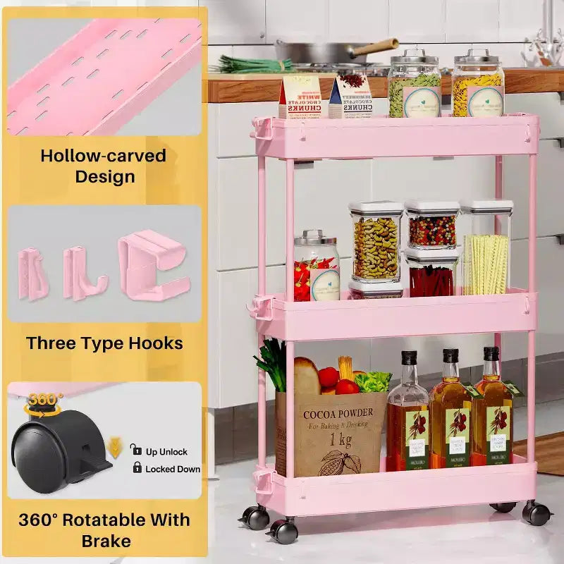 Carrello Portaoggetti Stretto a 3 Ripiani - Organizer Mobile Multi-Funzionale per Bagno, Cucina