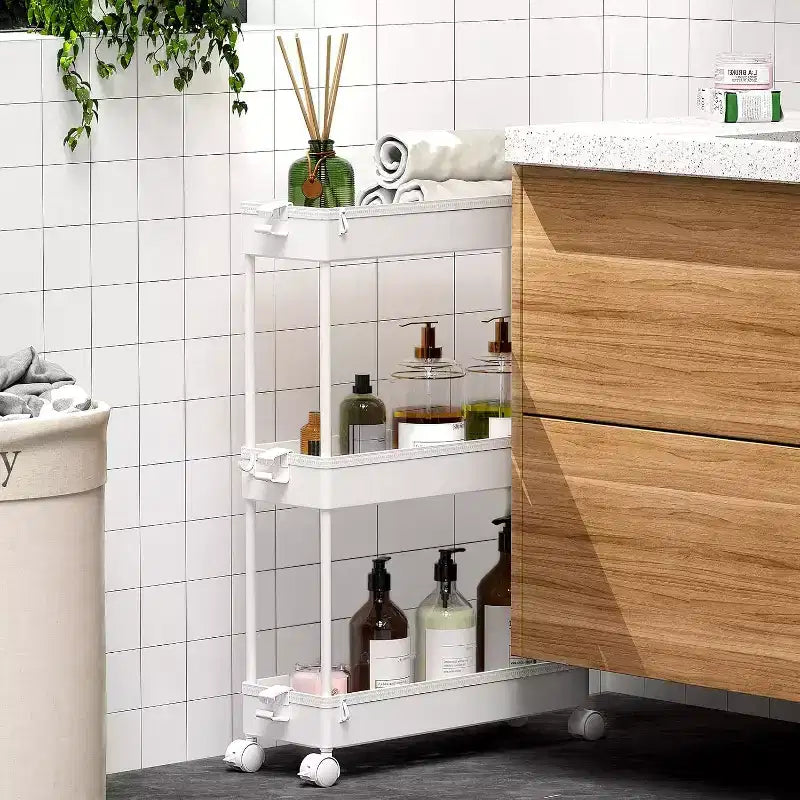 Carrello Portaoggetti Stretto a 3 Ripiani - Organizer Mobile Multi-Funzionale per Bagno, Cucina