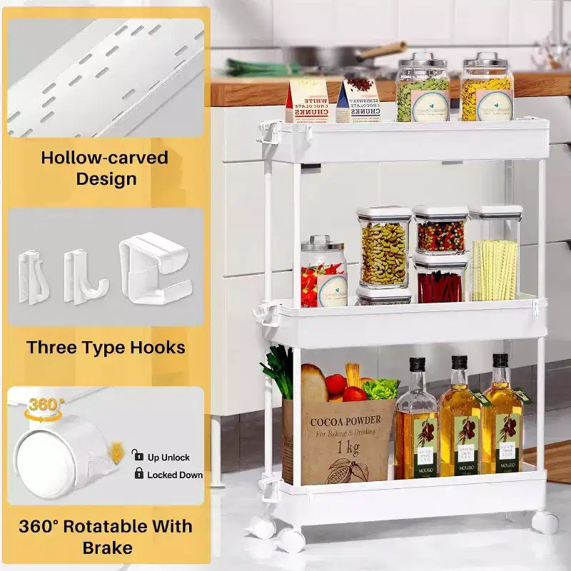 Carrello Portaoggetti Stretto a 3 Ripiani - Organizer Mobile Multi-Funzionale per Bagno, Cucina