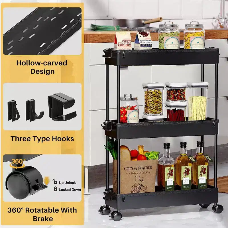 Carrello Portaoggetti Stretto a 3 Ripiani - Organizer Mobile Multi-Funzionale per Bagno, Cucina