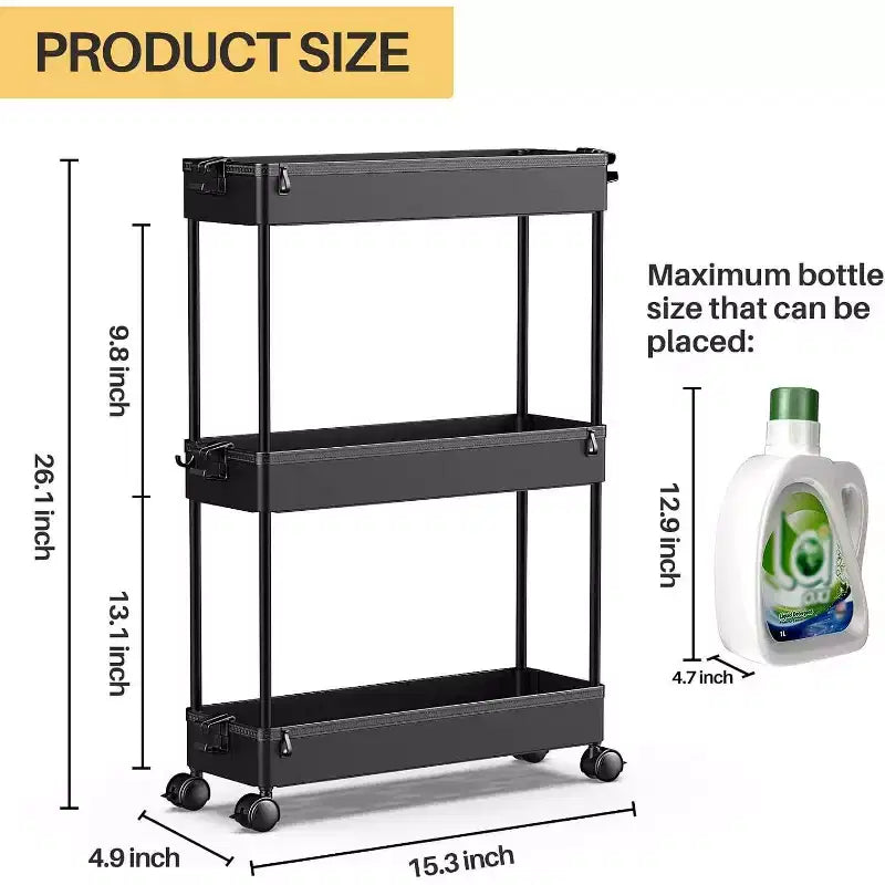 Carrello Portaoggetti Stretto a 3 Ripiani - Organizer Mobile Multi-Funzionale per Bagno, Cucina