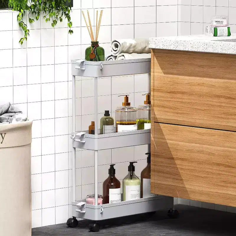Carrello Portaoggetti Stretto a 3 Ripiani - Organizer Mobile Multi-Funzionale per Bagno, Cucina