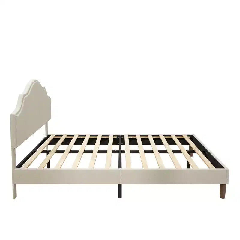 Letto a piattaforma imbottito Queen/King Size con testiera regolabile, rivestimento in tessuto di lino, non richiede rete, beige
