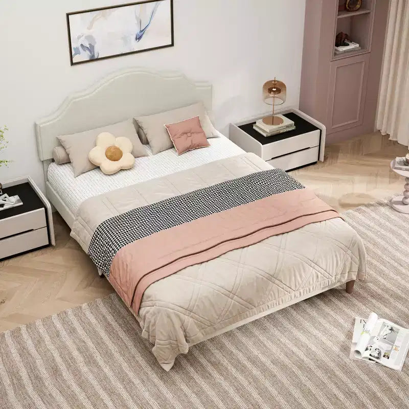 Letto a piattaforma imbottito Queen/King Size con testiera regolabile, rivestimento in tessuto di lino, non richiede rete, beige