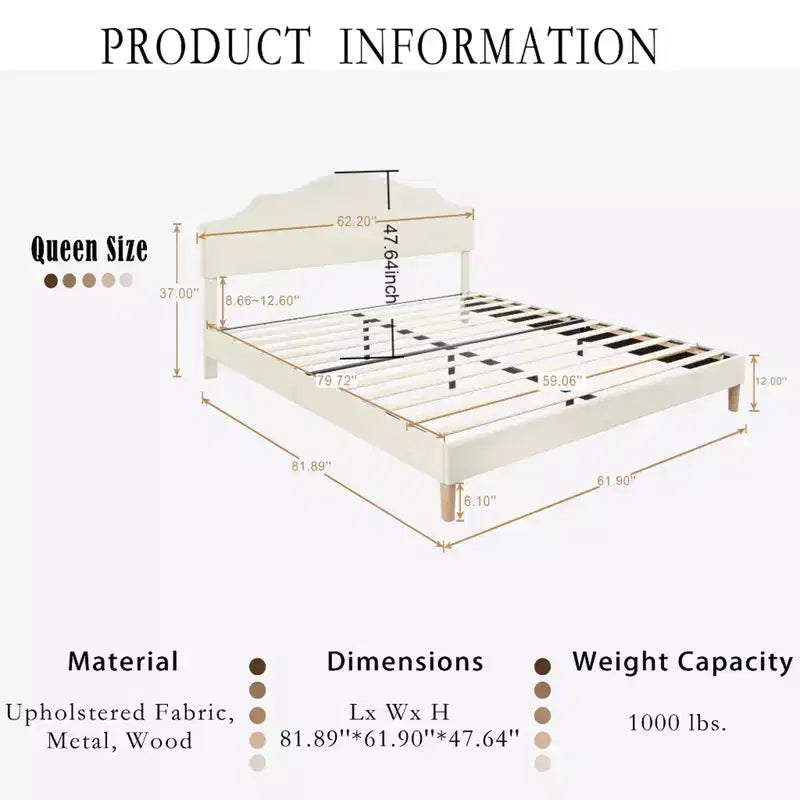 Letto a piattaforma imbottito Queen/King Size con testiera regolabile, rivestimento in tessuto di lino, non richiede rete, beige