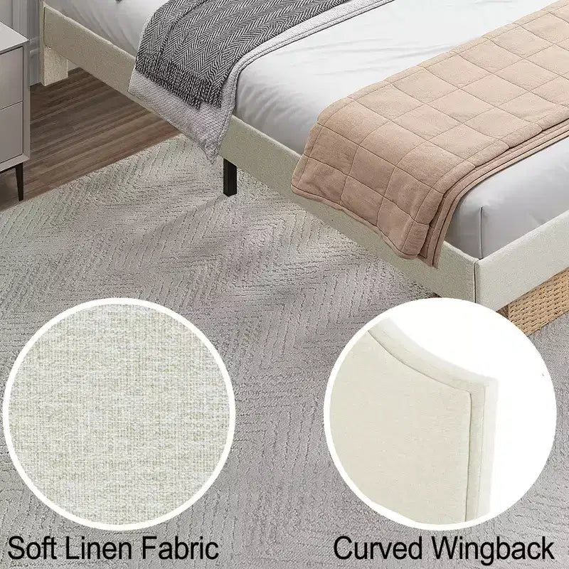 Letto a piattaforma imbottito Queen/King Size con testiera regolabile, rivestimento in tessuto di lino, non richiede rete, beige