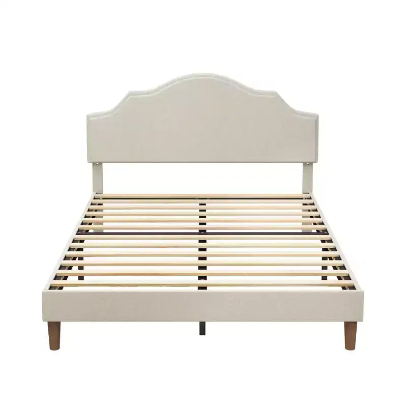Letto a piattaforma imbottito Queen/King Size con testiera regolabile, rivestimento in tessuto di lino, non richiede rete, beige