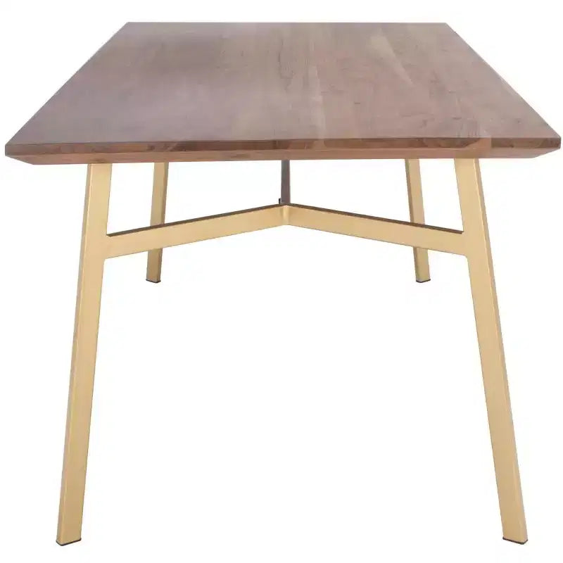 Tavolo da Pranzo Rettangolare Noce/Oro - Piano in Legno di Acacia, Base a Cavalletto in Ottone, 2 Posti a Sedere