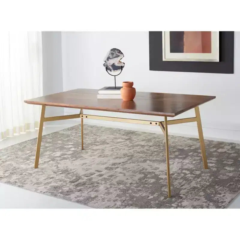 Tavolo da Pranzo Rettangolare Noce/Oro - Piano in Legno di Acacia, Base a Cavalletto in Ottone, 2 Posti a Sedere
