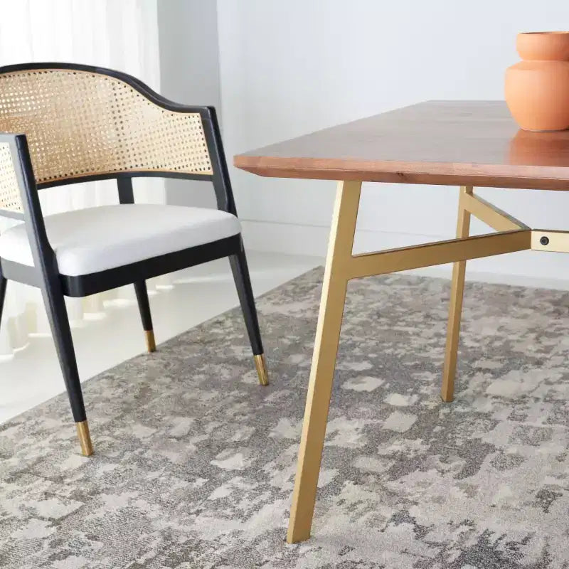 Tavolo da Pranzo Rettangolare Noce/Oro - Piano in Legno di Acacia, Base a Cavalletto in Ottone, 2 Posti a Sedere