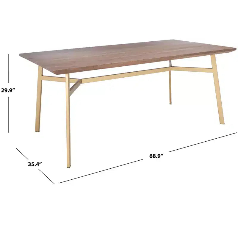 Tavolo da Pranzo Rettangolare Noce/Oro - Piano in Legno di Acacia, Base a Cavalletto in Ottone, 2 Posti a Sedere