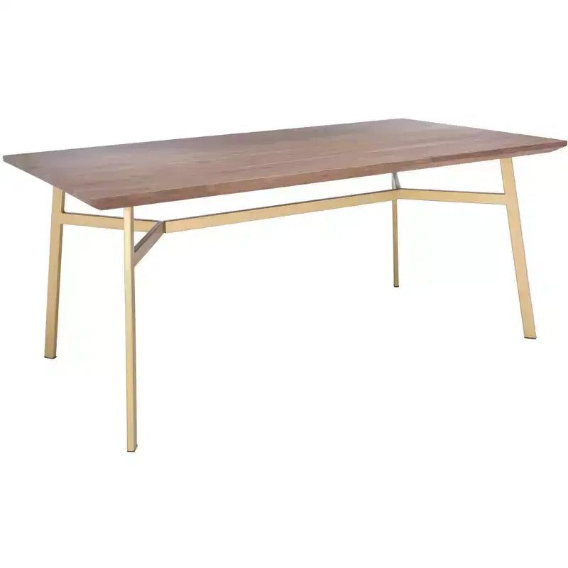 Tavolo da Pranzo Rettangolare Noce/Oro - Piano in Legno di Acacia, Base a Cavalletto in Ottone, 2 Posti a Sedere