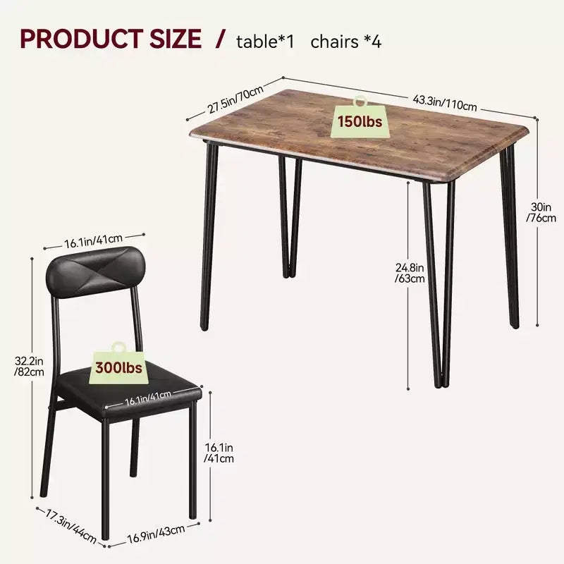 Dining Table Set for 4, Small Square Kitchen Table and 4 Upholstered Chairs, 5 Piece Modern Wooden Table with 4 Chairs