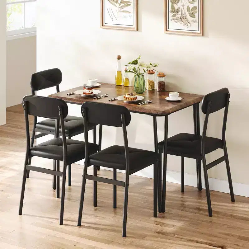 Dining Table Set for 4, Small Square Kitchen Table and 4 Upholstered Chairs, 5 Piece Modern Wooden Table with 4 Chairs