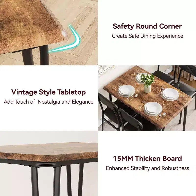 Dining Table Set for 4, Small Square Kitchen Table and 4 Upholstered Chairs, 5 Piece Modern Wooden Table with 4 Chairs