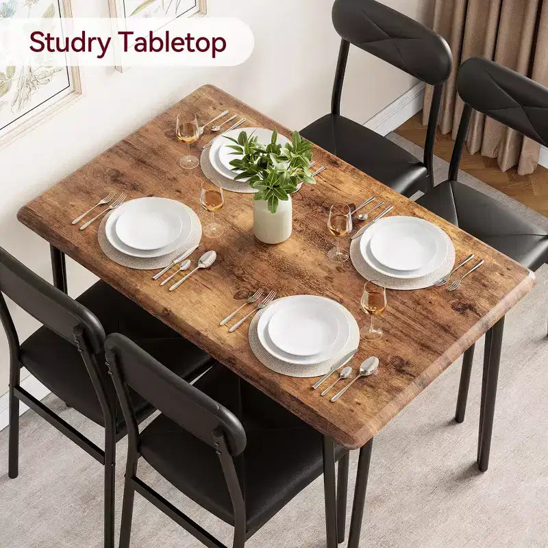 Dining Table Set for 4, Small Square Kitchen Table and 4 Upholstered Chairs, 5 Piece Modern Wooden Table with 4 Chairs