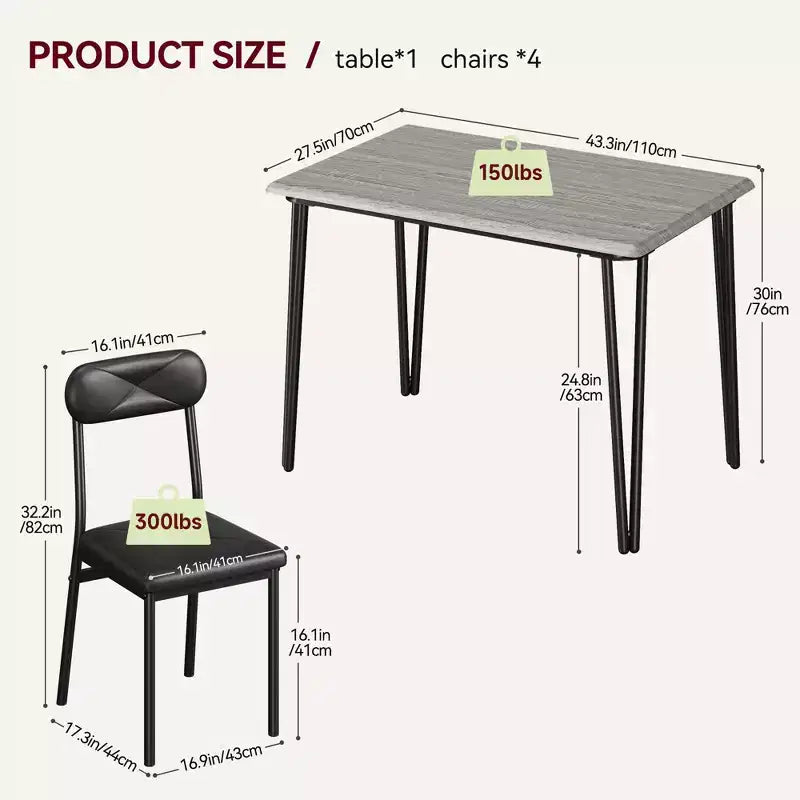 Dining Table Set for 4, Small Square Kitchen Table and 4 Upholstered Chairs, 5 Piece Modern Wooden Table with 4 Chairs