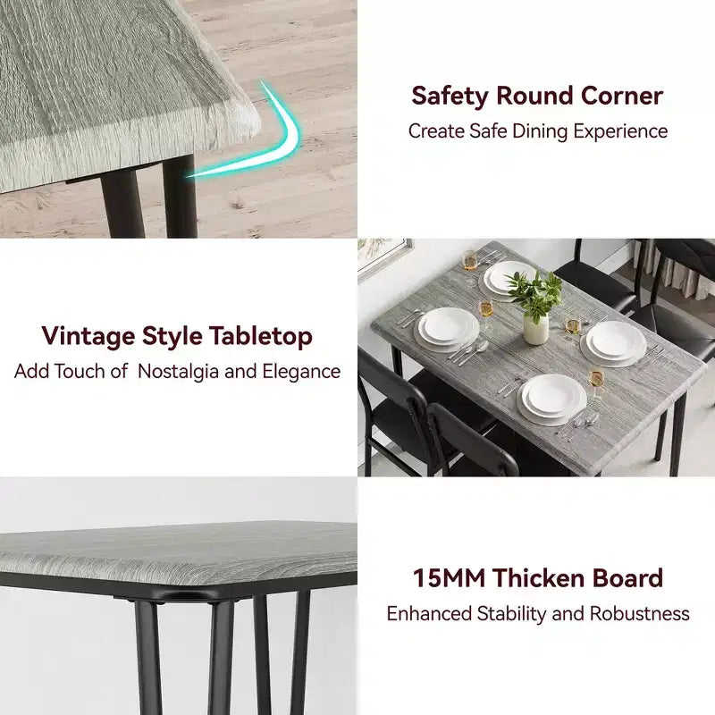 Dining Table Set for 4, Small Square Kitchen Table and 4 Upholstered Chairs, 5 Piece Modern Wooden Table with 4 Chairs