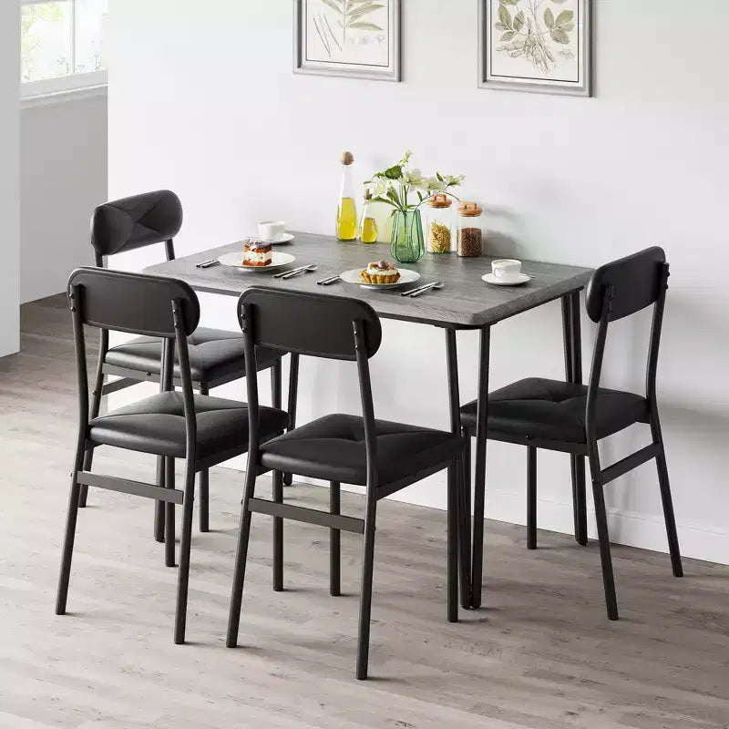 Dining Table Set for 4, Small Square Kitchen Table and 4 Upholstered Chairs, 5 Piece Modern Wooden Table with 4 Chairs