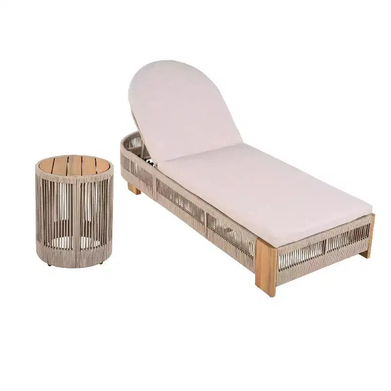 Christopher Knight Home Lariya 2 Piece Outdoor Acacia Wood and Rope Chaise Lounge Chat Set with Cushions and Side Table
