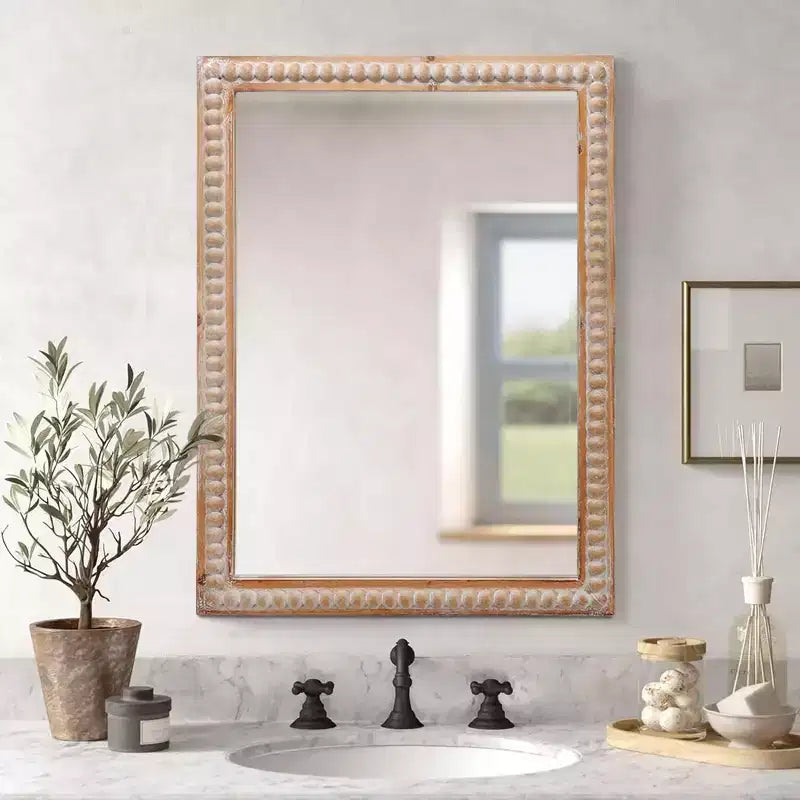 Specchio da 30" con cornice in legno decorata, Specchio rettangolare da parete per bagno, toeletta, soggiorno, camera da letto