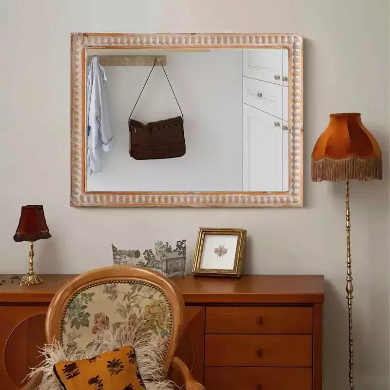 Specchio da 30" con cornice in legno decorata, Specchio rettangolare da parete per bagno, toeletta, soggiorno, camera da letto