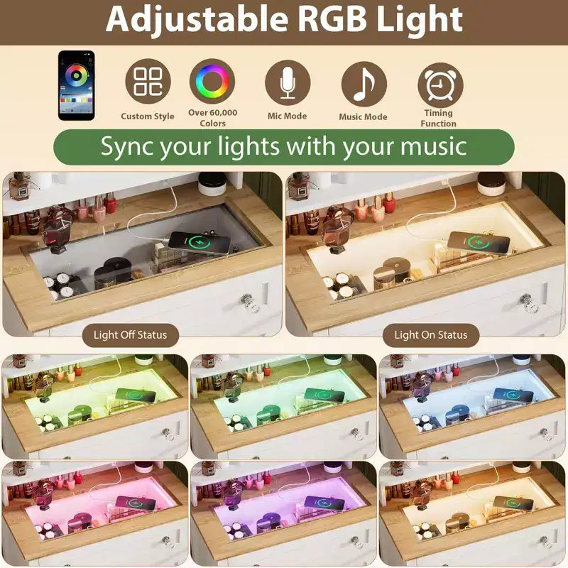 Cassettiera Bianca con Specchio e Striscia LED, Cassettiera a 4 Cassetti con Pomelli in Cristallo, Moderna Toeletta Trucco per Piccoli Spazi