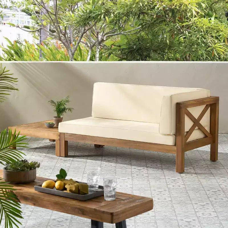 Christopher Knight Home Brava Ensemble causeuse bras droit en bois d'acacia d'extérieur et table basse avec coussin