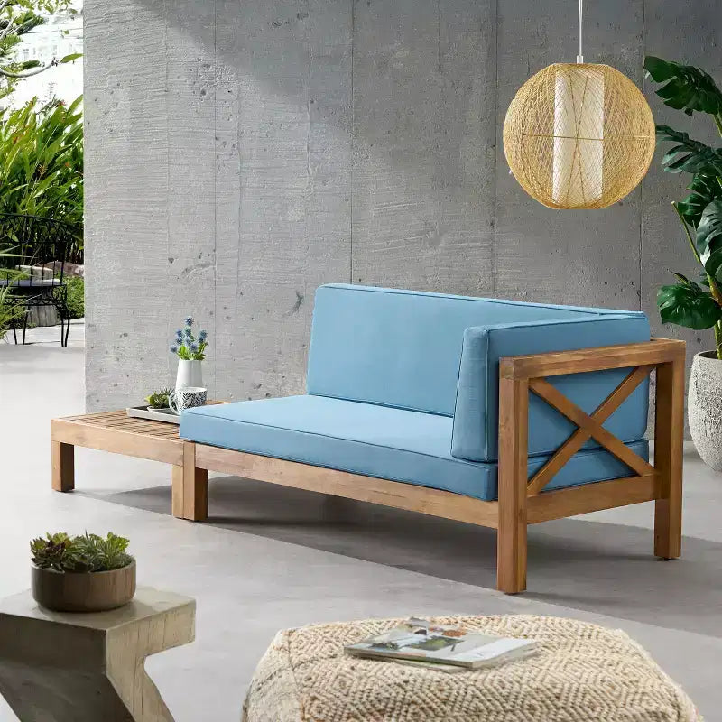 Christopher Knight Home Brava Outdoor Acacia Wood Right Arm Loveseat and Coffee Table Set with Cushion