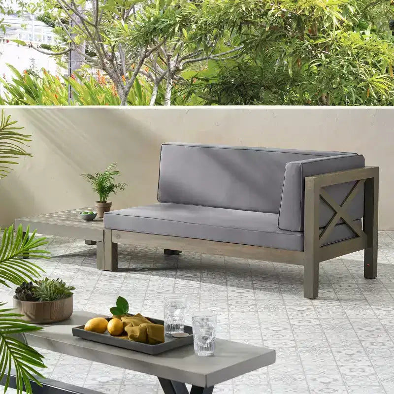 Christopher Knight Home Brava Outdoor Acacia Wood Right Arm Loveseat and Coffee Table Set with Cushion