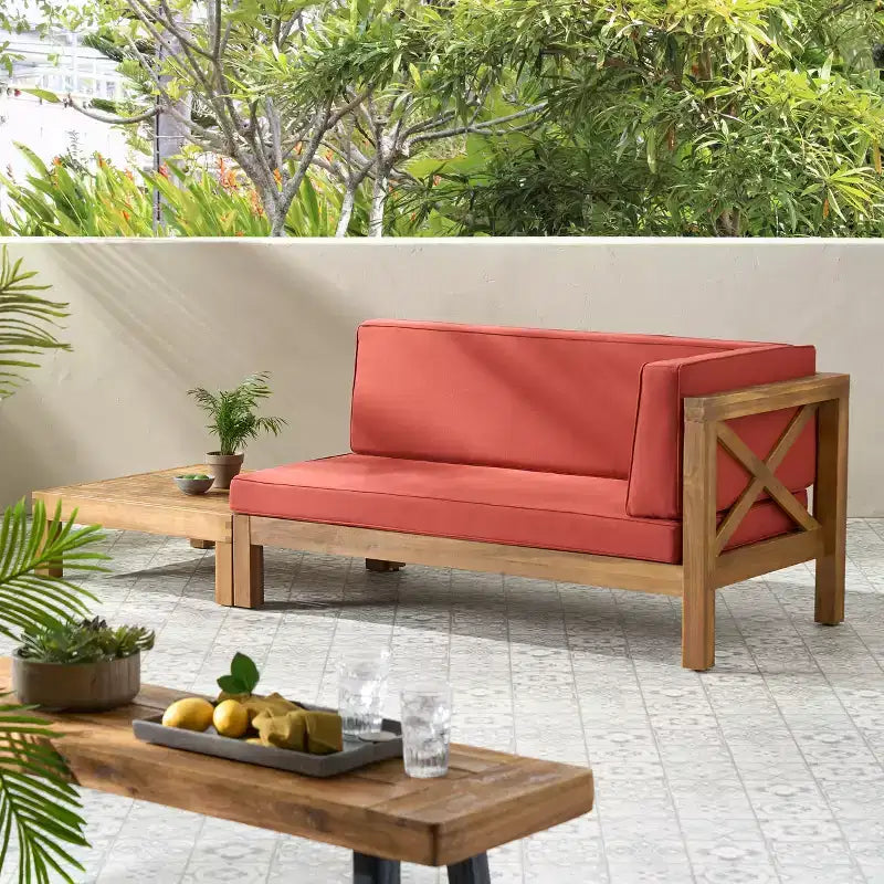 Christopher Knight Home Brava Outdoor Acacia Wood Right Arm Loveseat and Coffee Table Set with Cushion