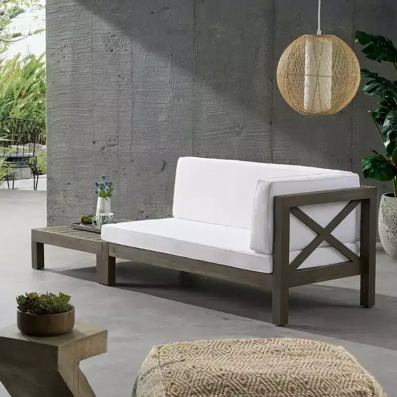 Christopher Knight Home Brava Outdoor Acacia Wood Right Arm Loveseat and Coffee Table Set with Cushion