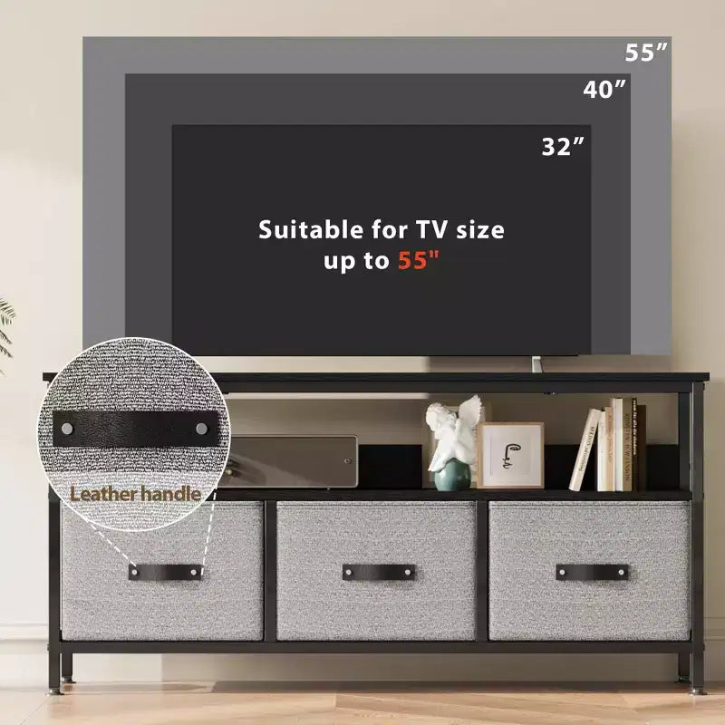 Mobile TV da 55 pollici per soggiorno, mobile TV con 3 cassetti, centro di intrattenimento compatto con soluzioni di archiviazione
