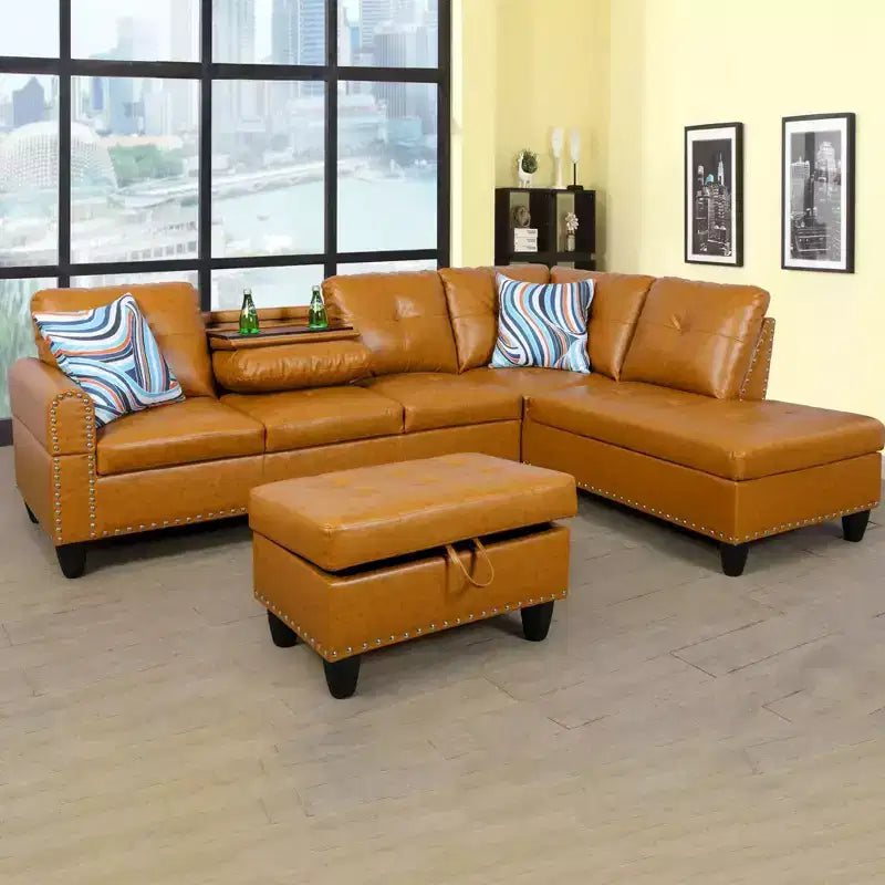 3-Piece L-Shaped Combination Sofa Set, Ginger Semi Pu Synthetic Leather Sofa