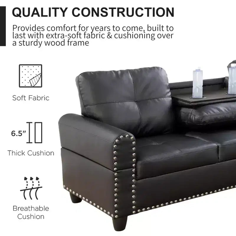 3-Piece L-Shaped Combination Sofa Set, Ginger Semi Pu Synthetic Leather Sofa