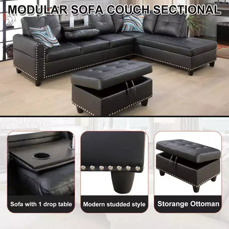 3-Piece L-Shaped Combination Sofa Set, Ginger Semi Pu Synthetic Leather Sofa
