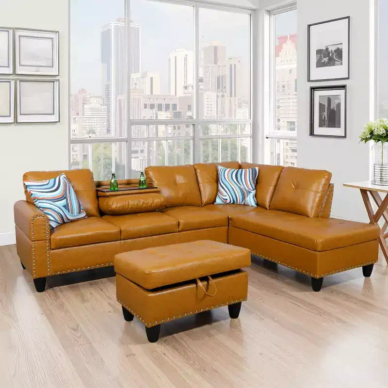 3-Piece L-Shaped Combination Sofa Set, Ginger Semi Pu Synthetic Leather Sofa