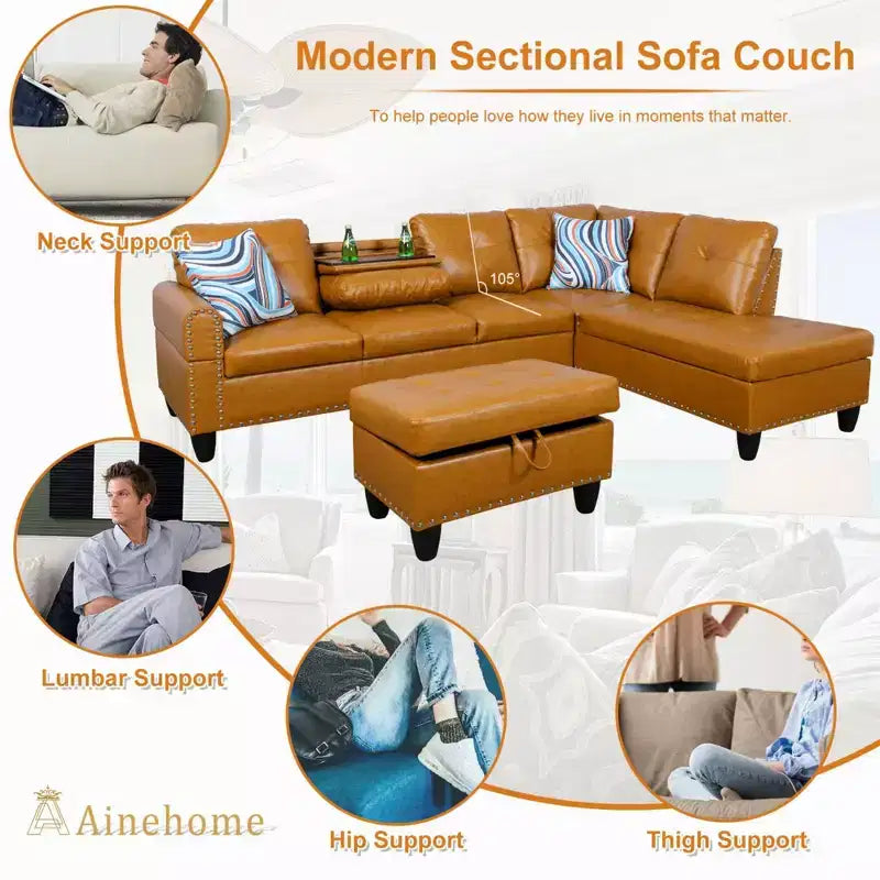 3-Piece L-Shaped Combination Sofa Set, Ginger Semi Pu Synthetic Leather Sofa