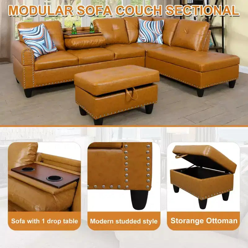 3-Piece L-Shaped Combination Sofa Set, Ginger Semi Pu Synthetic Leather Sofa