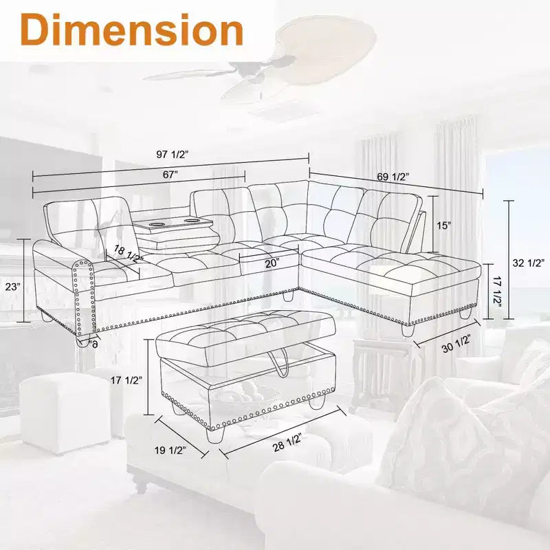 3-Piece L-Shaped Combination Sofa Set, Ginger Semi Pu Synthetic Leather Sofa