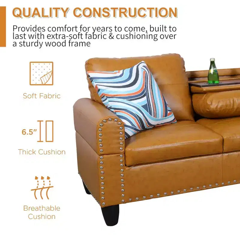 3-Piece L-Shaped Combination Sofa Set, Ginger Semi Pu Synthetic Leather Sofa
