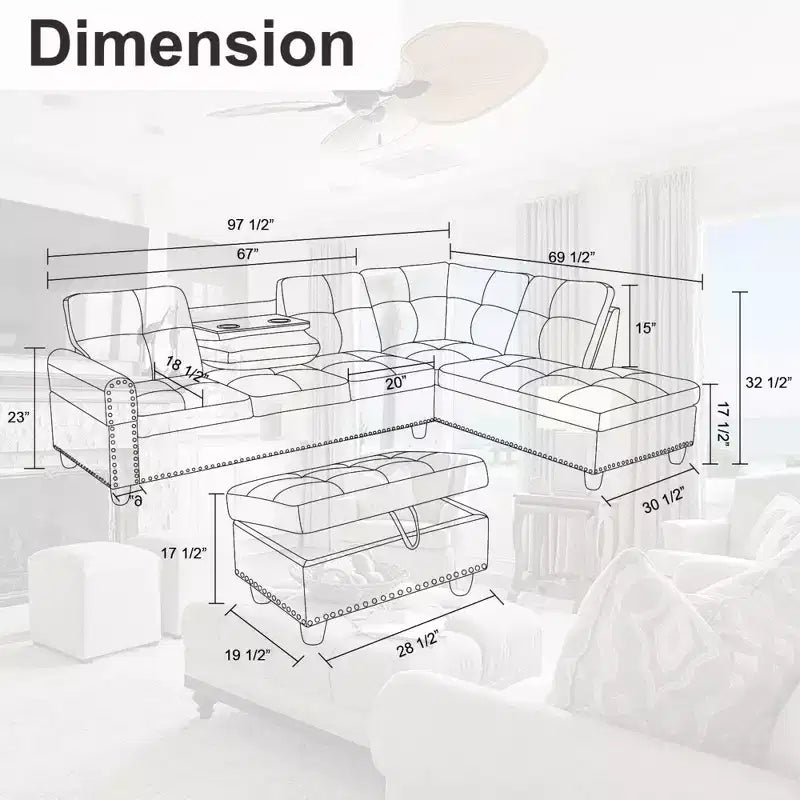 3-Piece L-Shaped Combination Sofa Set, Ginger Semi Pu Synthetic Leather Sofa