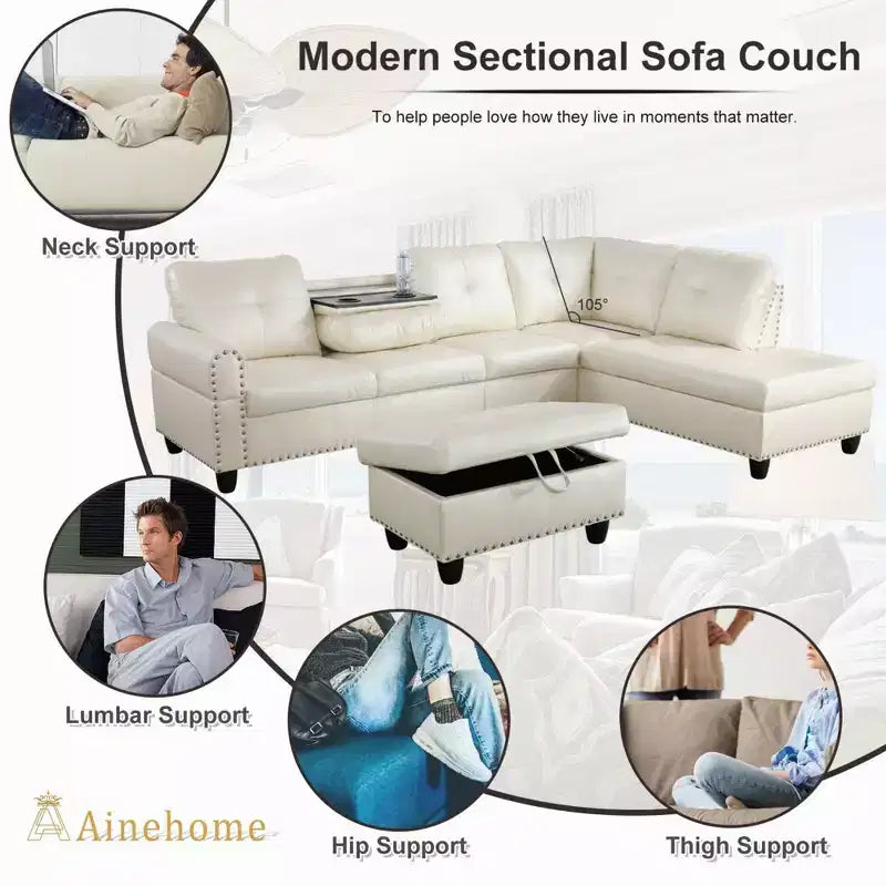3-Piece L-Shaped Combination Sofa Set, Ginger Semi Pu Synthetic Leather Sofa